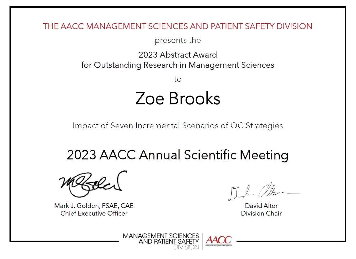 ! 2023 Awarded Impact of Seven Incremental Scenarios of QC Strategies 72 DPI seven scenarios award from AACC (now ADLM)